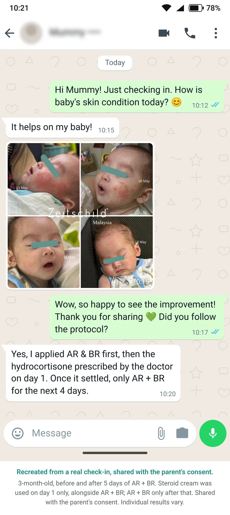 WhatsApp check-in with a parent: the 3-month-old's face before and after 5 days of AR + BR, with the parent describing the protocol followed. Caption and disclosure below the chat.